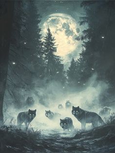 a group of wolfs walking through the woods at night