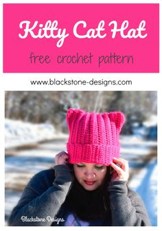 a woman wearing a pink knitted hat with the text kitty cat hat free crochet pattern