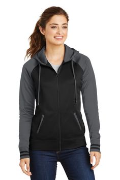 Sport-Tek ® Ladies Sport-Wick ® Varsity Fleece Full-Zip Hooded Jacket. LST236 - BLACK/ DARK SMOKE GREY - XS | Sport-Tek Women's Sport-Wick Varsity Fleece Full-Zip Hooded Jacket in Black/Dark Smoke Grey Size XS | Polyester Black Neon, Work Wear Women, Womens Fleece, Woven Dress, Neon Pink, Fleece Jacket, Sports Women, Hooded Jacket, Varsity Jacket