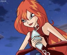 an anime character with red hair and blue eyes is holding a bottle in her hand