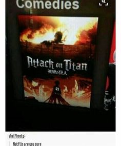 an advertisement for the movie attack on titan is displayed in front of a television screen