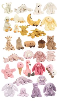 many stuffed animals are arranged in rows on a white background