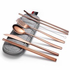 six pieces of stainless steel utensils in a pouch