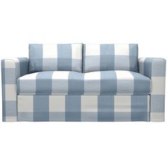 a blue and white checkered couch on a white background