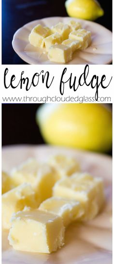 lemon fudge on a white plate next to some sliced up lemons and one is in the background