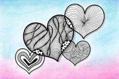 three hearts are shown on a blue and pink background