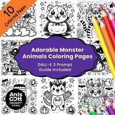 an adult coloring book with the title, adorable monster animals coloring pages