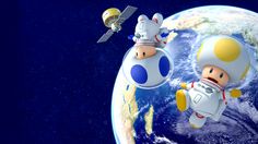 mario kart is flying over the earth with other characters in space around him and on top of it