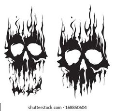 two skulls with flames in the shape of their heads, one is black and white