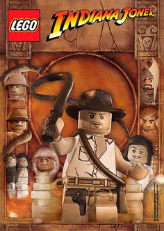 the lego indiana jones movie poster is shown in front of an image of several people