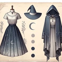 🖤🌌🖤 Witch Drawing Outfit, Witchy Clothes Drawing, Witch Outfit Design Drawing, Witch Outfit Drawing, Forest Witch Outfit, Fantasy Witch Outfit Drawing, Cottagecore Witch Outfit, Elemental Outfits, Cute Witch Dress Drawing