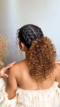 Cute Curly Hairstyles For Wedding Guest, Bridal Shower Hairstyles For Black Women, Natural Curly Hair Styles For Prom, Wedding Hairstyles For Short Hair Curly Half Up Half Down, Curly Poofy Hair Hairstyles, Ball Hair Ideas, Naturally Curly Half Up Half Down, Curly Bridal Hair With Veil, Natural Curly Hair Updos