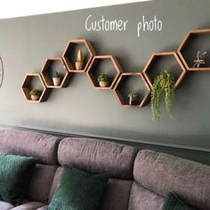 a living room filled with lots of furniture next to a wall mounted planter on the wall