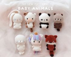 small crocheted animals sitting on top of a white sheet with text overlay that says, no sew patterns baby animals