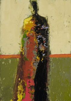 an abstract painting of a man standing in front of a wall