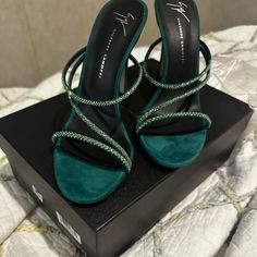 Deep Teal Green Suede And Crystal Heels, Leather Upper And Sole.. Comes With Box And 1 Dust Bag.. Brand New Never Worn Size 8.5 Prom Dresses In Green, Hunter Green Heels, Emerald Green High Heels, Prom Shoes Green, Green Heels Aesthetic, Kylie Jenner Heels, Green Formal Shoes, Dark Green Heels, Emerald Green Heels