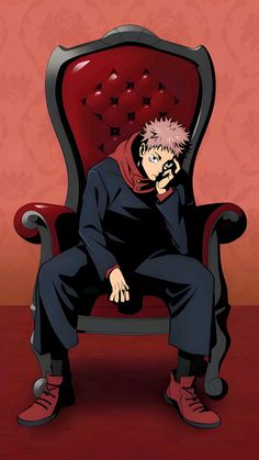 an anime character sitting in a chair with his hand on his face