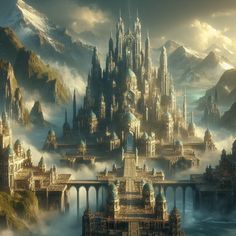 a fantasy city surrounded by mountains and fog