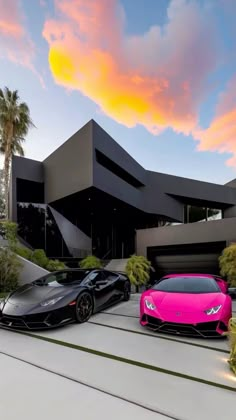 two pink and black lambs parked in front of a building