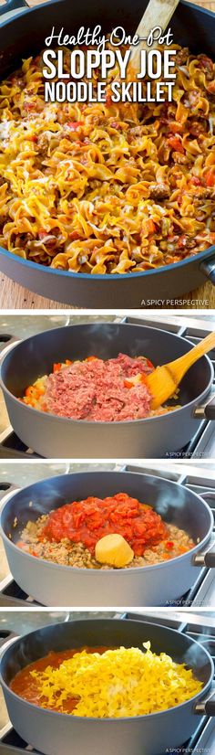 the steps to make noodle skillet are shown in four different stages, including one being