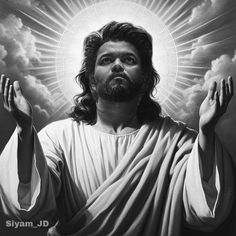 jesus holding his hands up in the air with clouds behind him and sun shining through