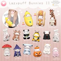 a bunch of stuffed animals that are all different colors and sizes, with the caption lazypuff bunnies ii