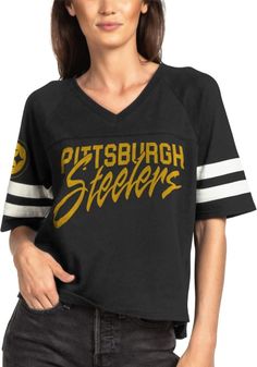 Junk Food Clothing Pittsburgh Steelers Womens Football T-Shirt - Black Black Crew Neck Top With Signature Stripes, Black Cotton Tops With Striped Hem, Black Short Sleeve Tops With Signature Stripes, Casual Black Top With Striped Hem, Black Short Sleeve Top With Striped Hem, Black T-shirt With Contrast Stripes, Fall Tops With Three Stripes, Halloween Costumes Guys, Football Halloween Costume