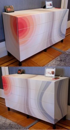 two pictures of a white and red cabinet in a room with wood flooring, one has