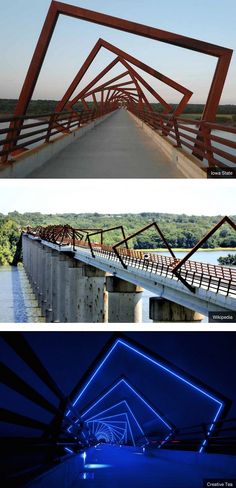 two different views of a bridge with blue lights in the middle and on the other side