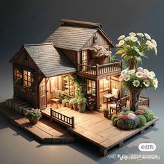 a doll house with flowers and plants in the front, on top of a wooden platform