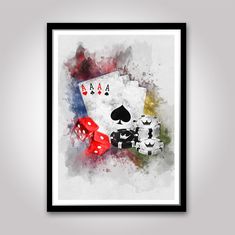 a watercolor painting with playing cards and dices on the side, in black frame