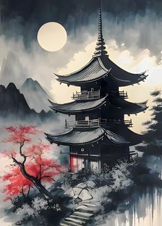 Samurai Temple, Japanese Temple Tattoo, Temple Landscape, Jerry Tattoo, Temple Tattoo, Star Tattoo, Japanese Art Prints, Zodiac Tattoo, Japanese Artwork