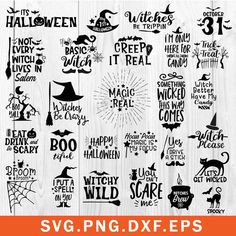 halloween svg bundle with the words witch, witches and other things in black on white