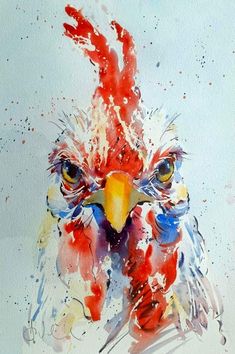 a painting of an eagle's head with red, white and blue paint splattered on it