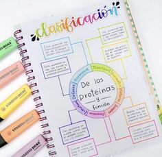 four markers are placed on top of a notebook with the words de los projetones written in spanish