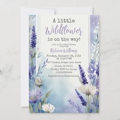 a little wildflower is on the way baby shower card with purple and white flowers