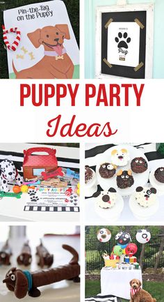 a collage of puppy party ideas including cupcakes