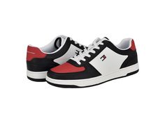 Tommy Hilfiger Tathan - Men's Shoes : Black/Red Multi : The primary materials that compose this product contain a minimum of 20 percent recycled content. Your search for high-quality, long-lasting sneakers has come to an end. The Tommy Hilfiger Tathan sneakers are the perfect choice. These lace-up sneakers have faux leather upper in color-block design, recycled polyester lining, and memory foam cushioned insole. Having an iconic Tommy Hilfiger flag logo detail at the side, these mid-top sneakers Tommy Hilfiger Sneakers, Mens Shoes Black, Mid Top Sneakers, Flag Logo, Mid Top, Synthetic Rubber, Block Design, Tommy Hilfiger Man, Shoes Black