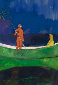 a painting of two people in a boat on the water, one holding a fishing pole