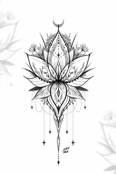 a black and white drawing of a flower with stars on the petals in the background