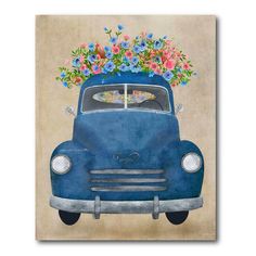 an old blue car with flowers on the hood and front window, painted in watercolor