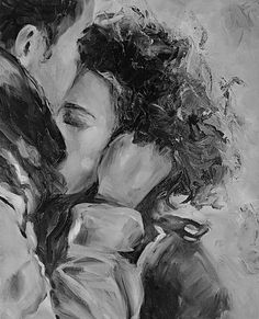 a black and white painting of two people kissing each other with their faces close together