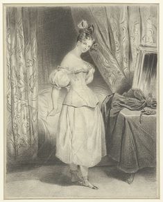 a drawing of a woman standing in front of a bed