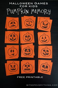 the halloween games for kids pumpkin memory game is shown in black and orange squares with jack - o'- lantern faces on them