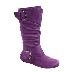 This style runs pretty true to size Round toe design Side Zip Closure Large buckle Finished with cushioned insole Faux Suede Heel Height: 0.25" (approx) shaft length:13.25" (approx) top opening circumference: 16" (approx) heel top opening circumference: 14.5" Size: 11.  Color: Purple.  Gender: female.  Age Group: adult. Forever Link Shoes, Knee High Cowboy Boots, Pink Cowboy Boots, Round Toe Boots, Purple Boots, Faux Suede Boots, Slouchy Boots, Faux Leather Heels, Slouched Boots