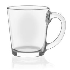 a clear glass cup with a handle