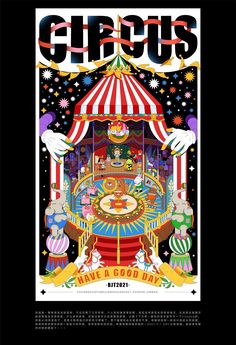 an advertisement for a carnival with clowns on the front and sides, in black background