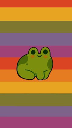 a green frog sitting on top of a rainbow striped wallpaper with an orange stripe in the background