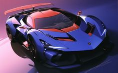 a blue and red sports car on a purple background with the hood up in perspective