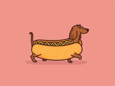 a cartoon dog with a hotdog bun in it's mouth on a pink background